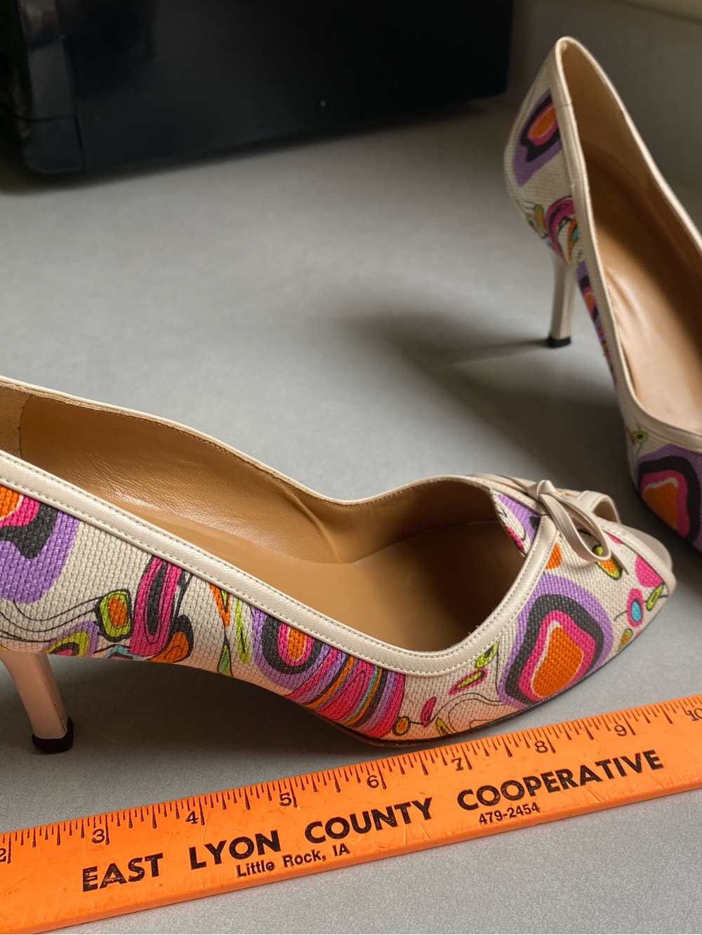Unique Stuart Weitzman Mod Pumps with Pink, Purple & Orange Abstract Print